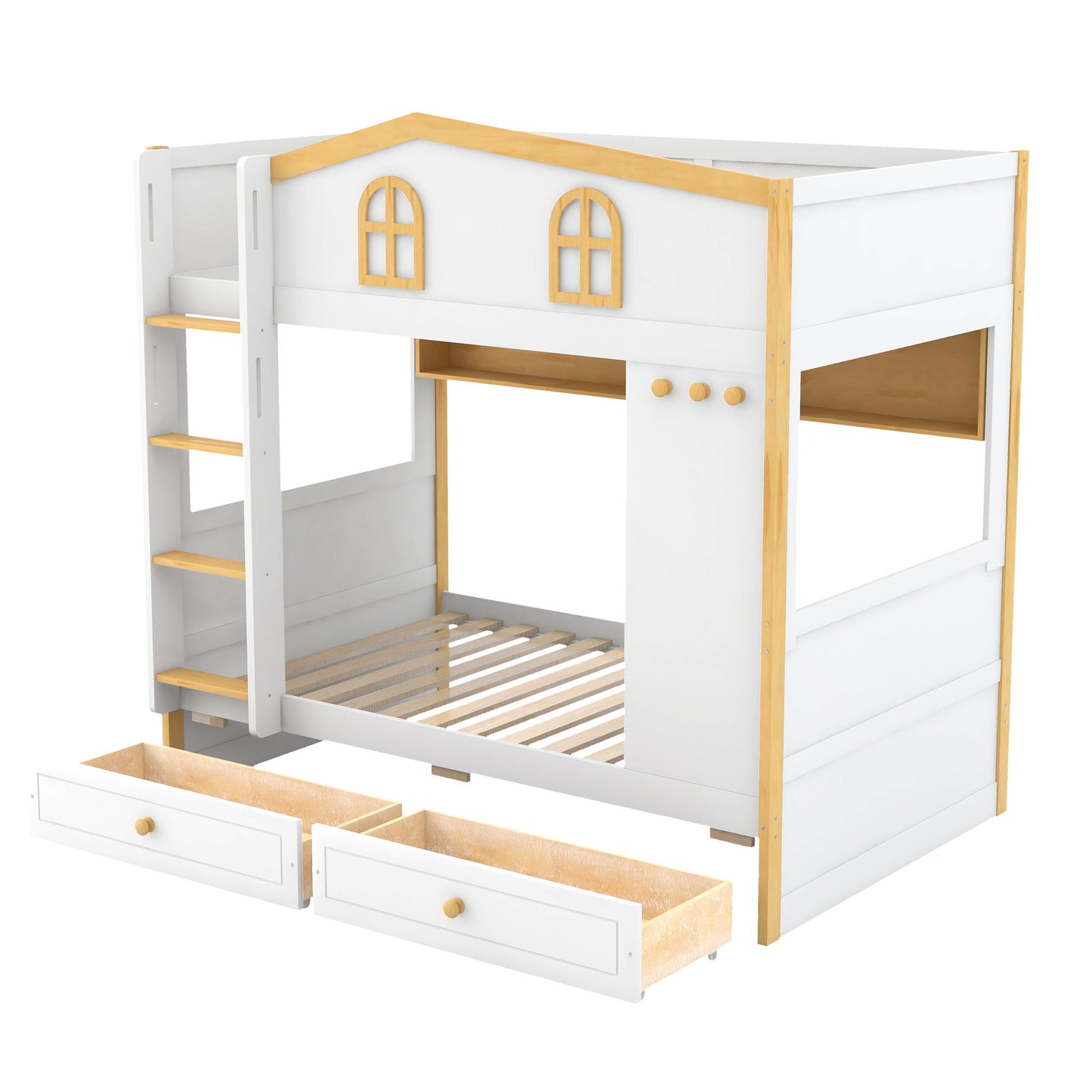 Twin Over Twin Bunk Bed With House Shaped Guardrails, Storage Shelves & Drawers - White / Natural