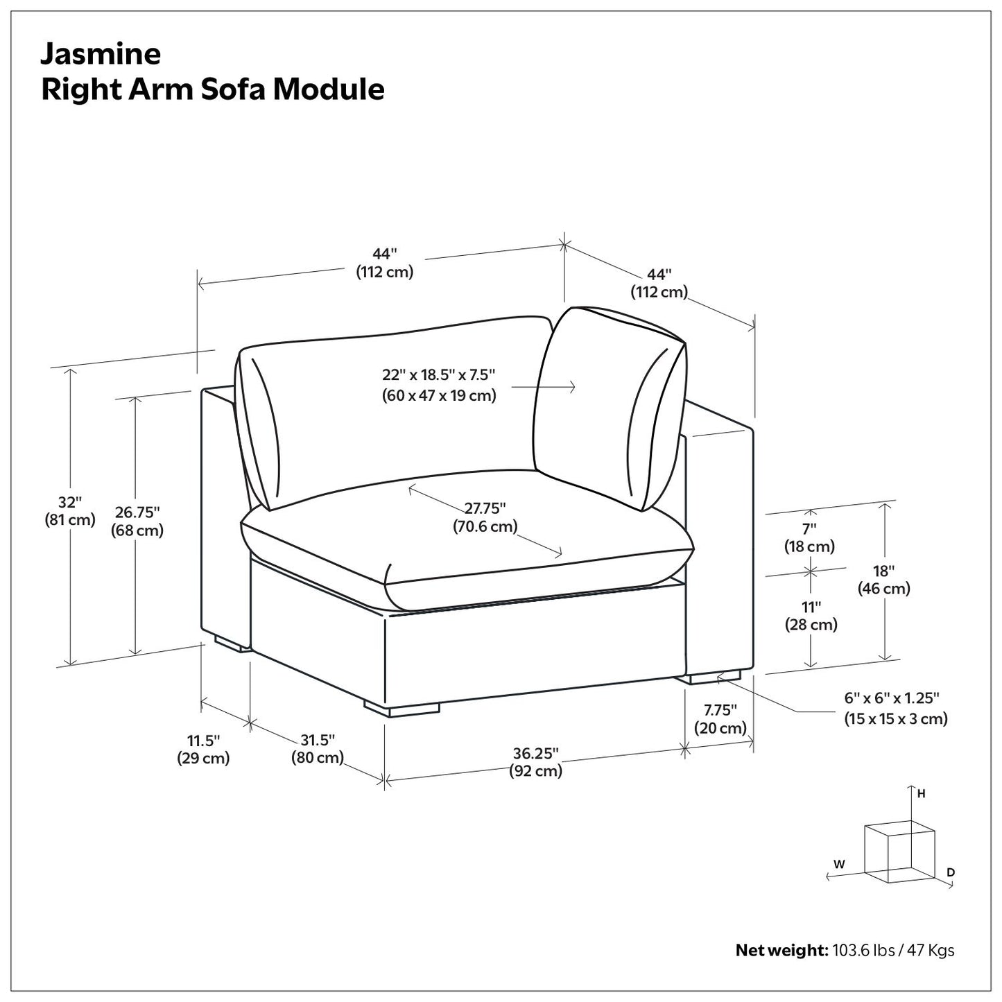 Jasmine - Right Arm Sofa Module - Gray
