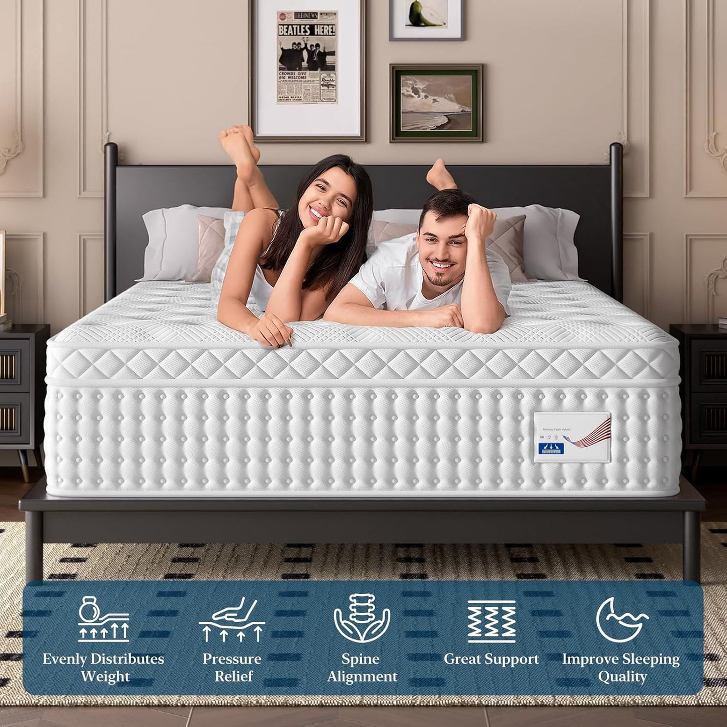 12" Hybrid Mattress, Memory Foam & Pocket Spring Bed, Medium Firm Comfort, Spine Support, Quiet & Breathable - White - King