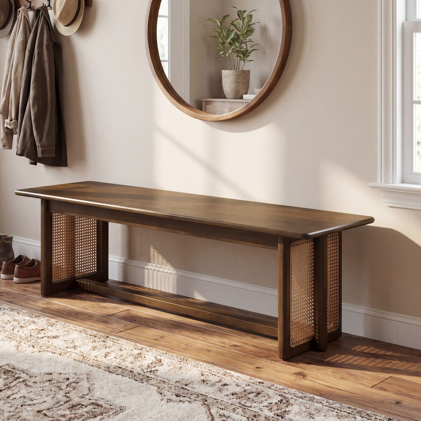 Dining Bench With Rattan Weave