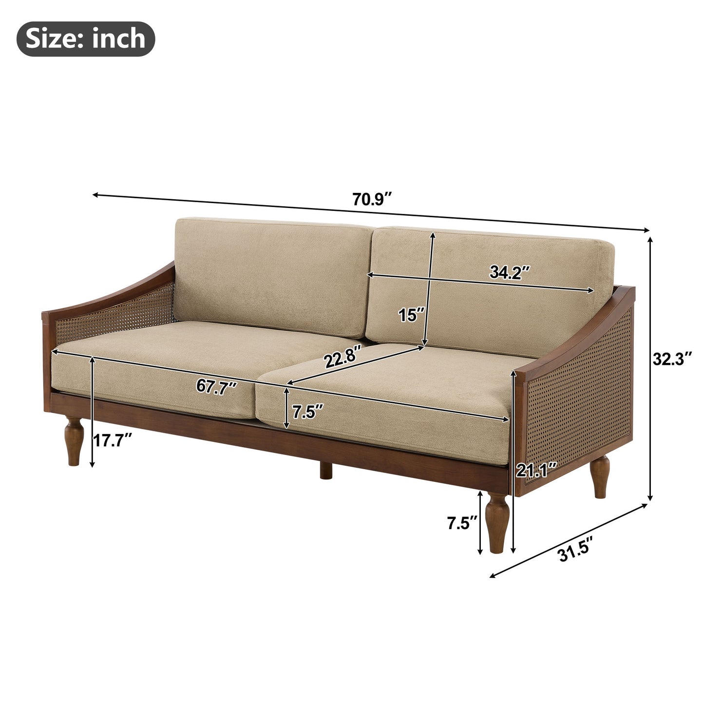 3 Seater Sofa With Rattan Armrests