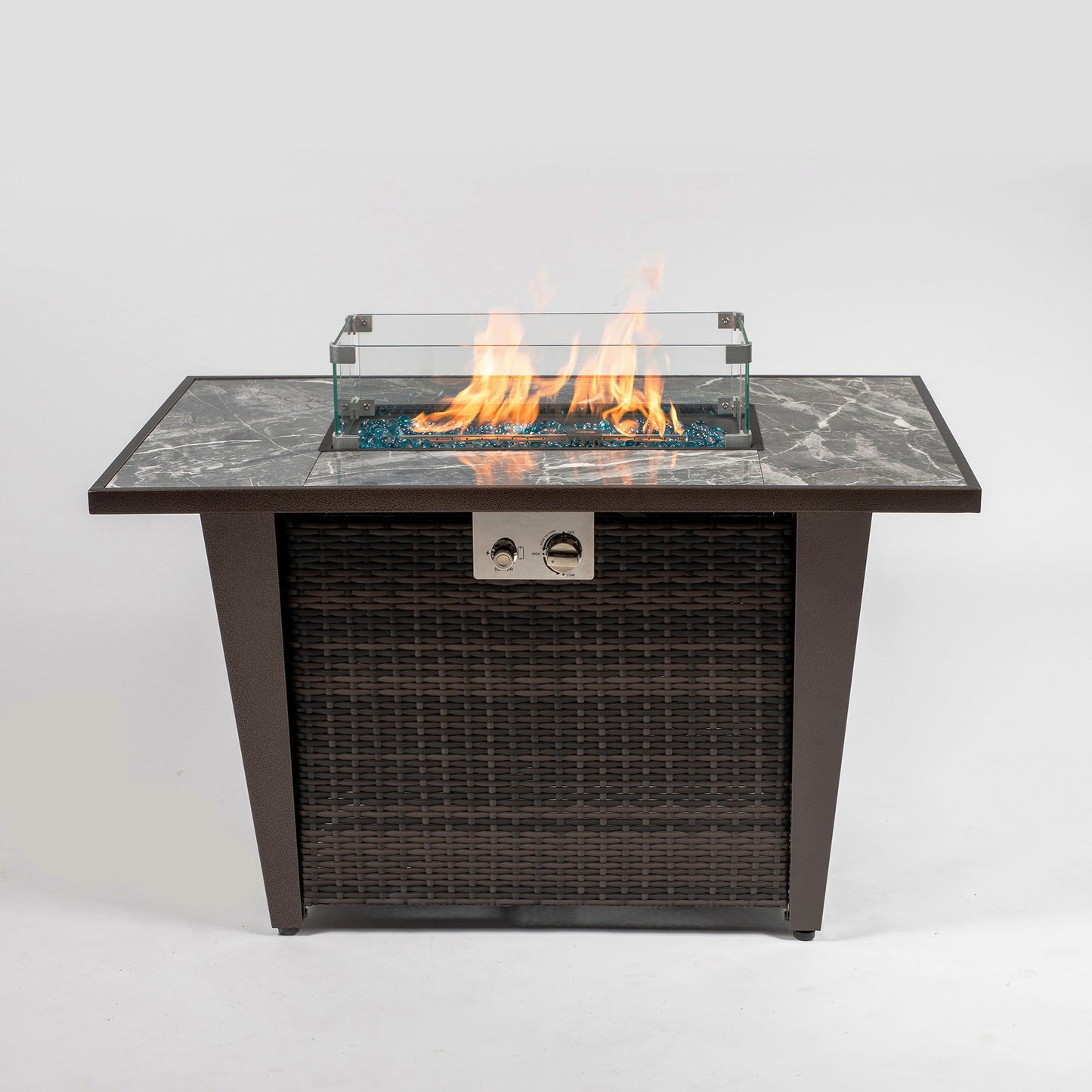 Fire Pit Table, Glass Wind Guard And Rain Cover, Lid - Brown