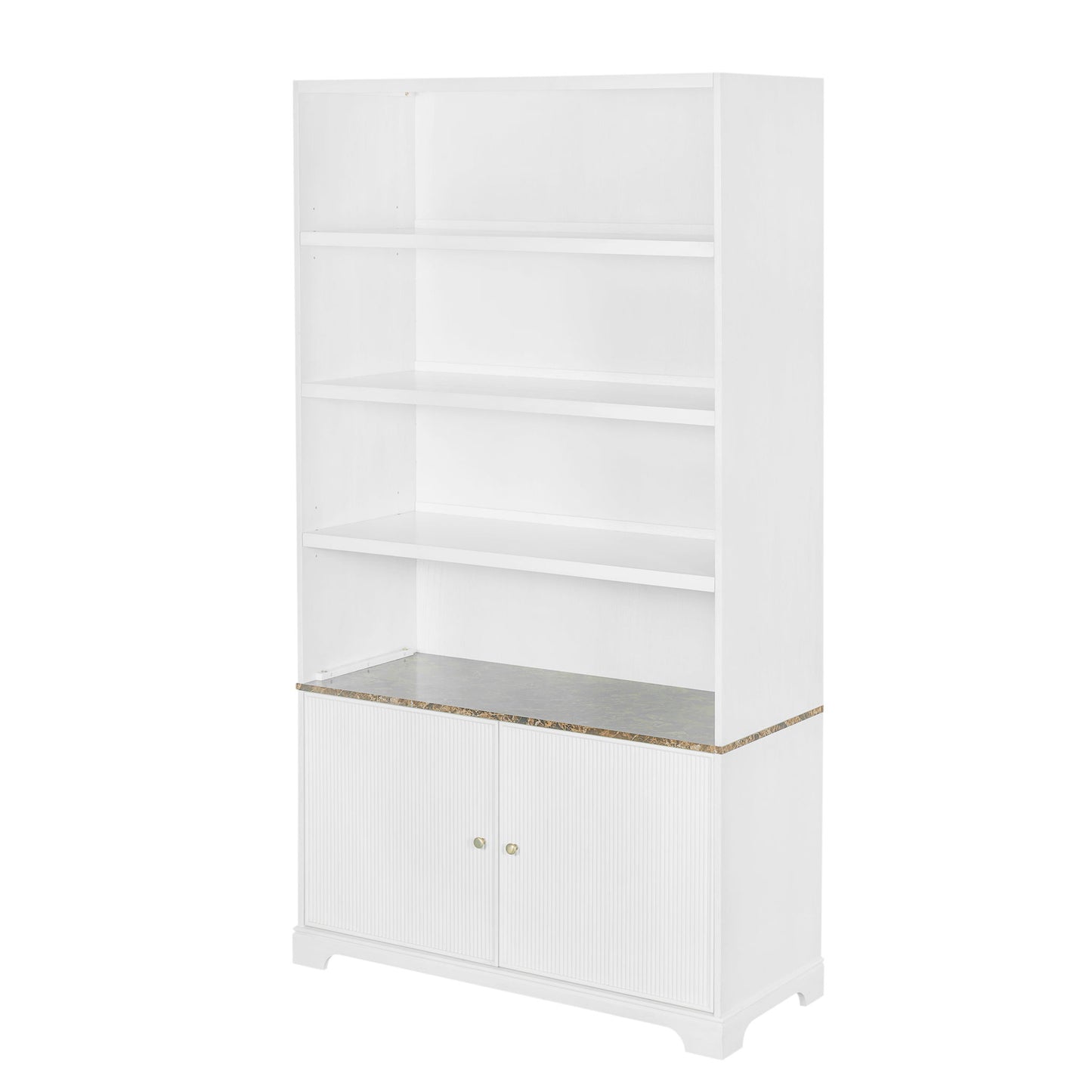 Tall Bookcase Storage Cabinet With 3 Open Shelves & Fluted Double Doors