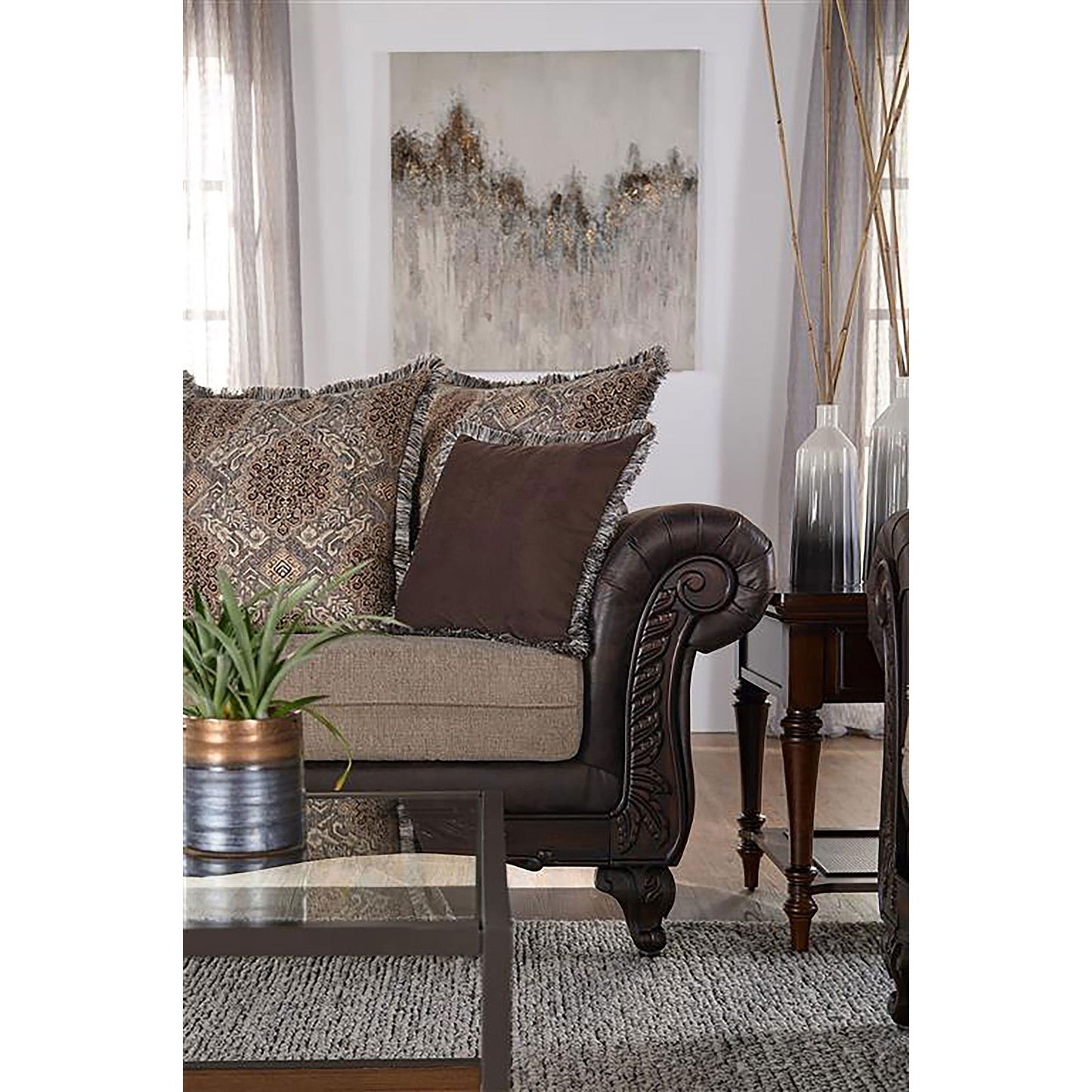 Brookridge - Rolled Arm Sofa With Ornate Details And Mixed Upholstery - Brown