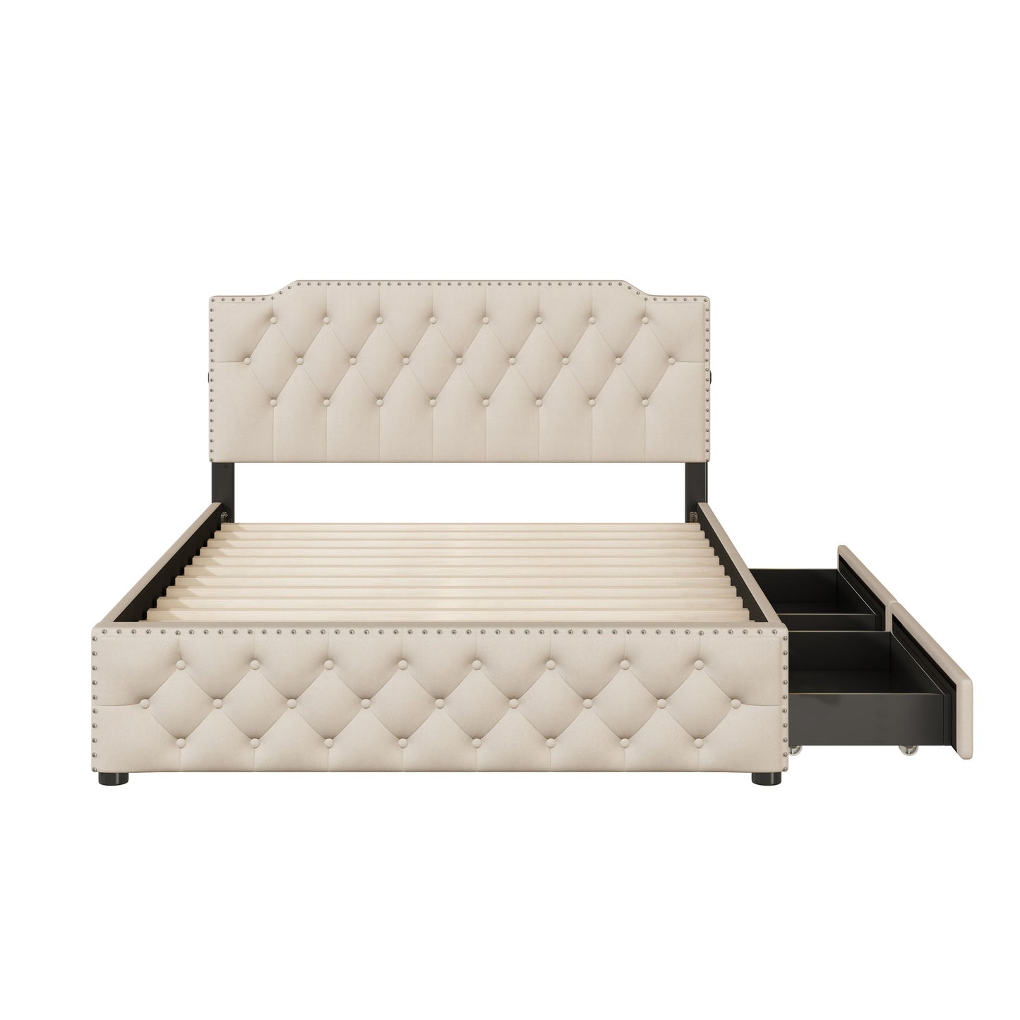 Upholstered Platform Bed With 2 Drawers And 2 Sets Of USB Ports On Each Side, Fabric