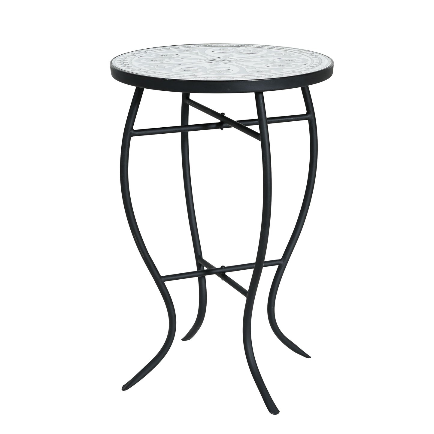 Outdoor Round Side Table With Mosaic Style Top And Curved Iron Legs