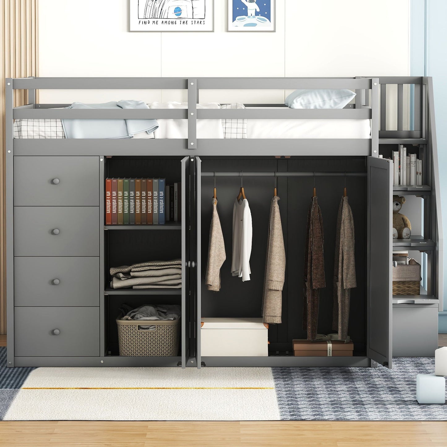 Loft Bed With Built In Wardrobes, Cabinets And Drawers