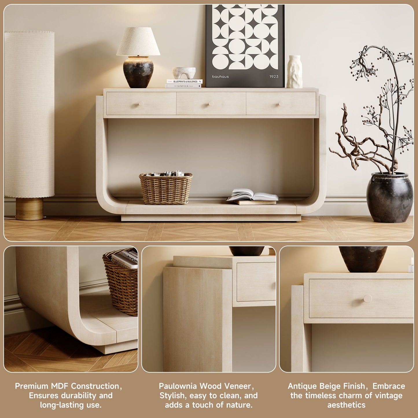 Console Table With 3 Drawers, Display Shelf