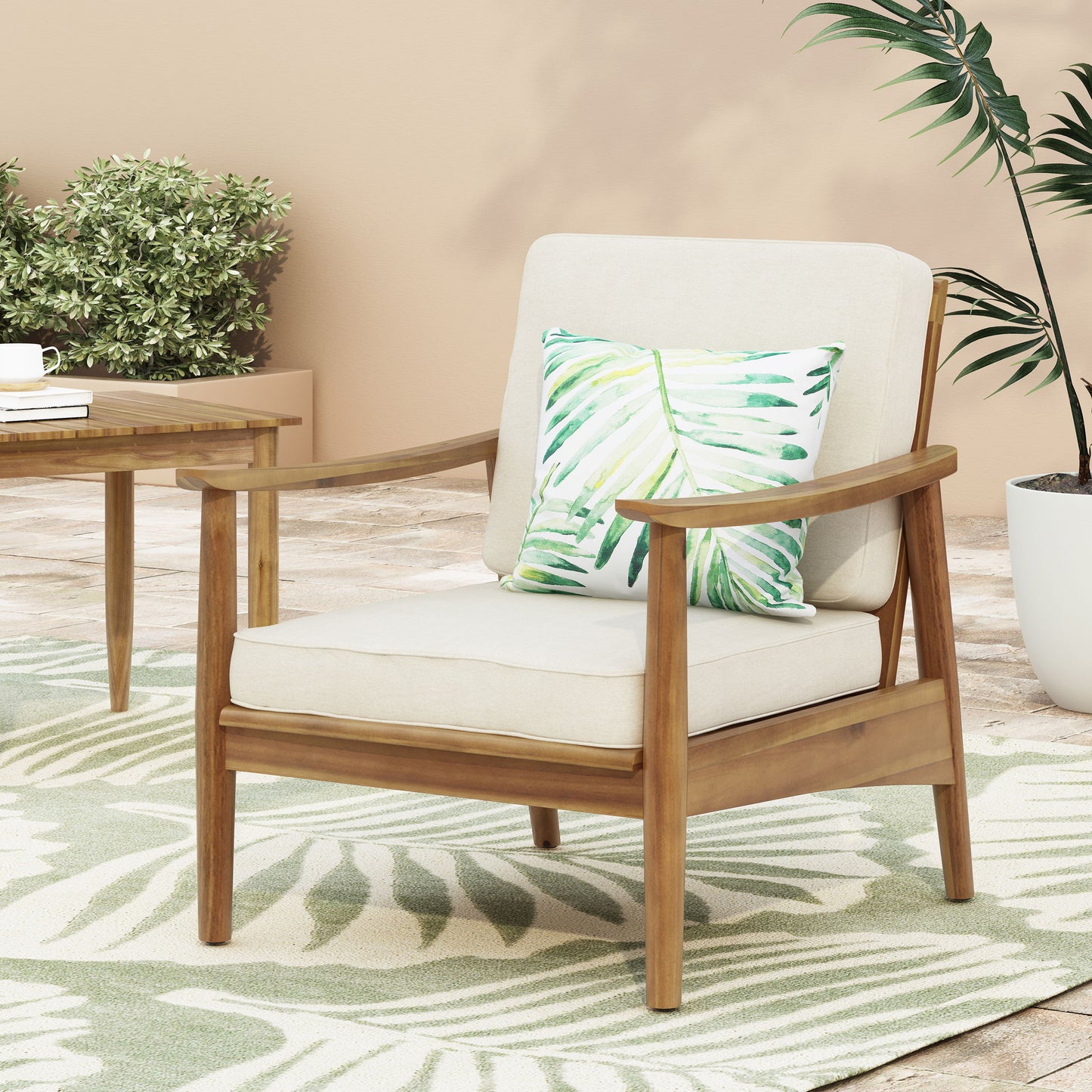 Birdsong - Outdoor Club Chair With Slat Back And Seat Cushion - Beige