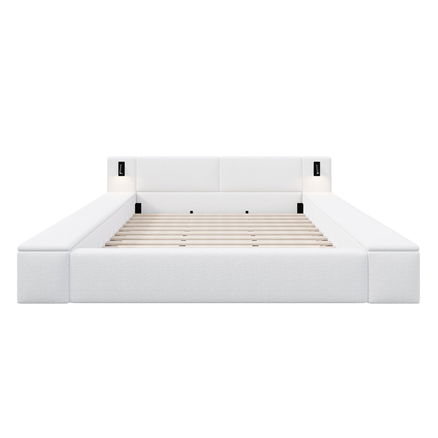Upholstered Platform Bed Frame With Hidden Storage, Built-In Nightstands & LED Reading Lights