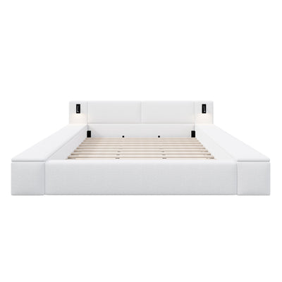 Upholstered Platform Bed Frame With Hidden Storage, Built-In Nightstands & LED Reading Lights