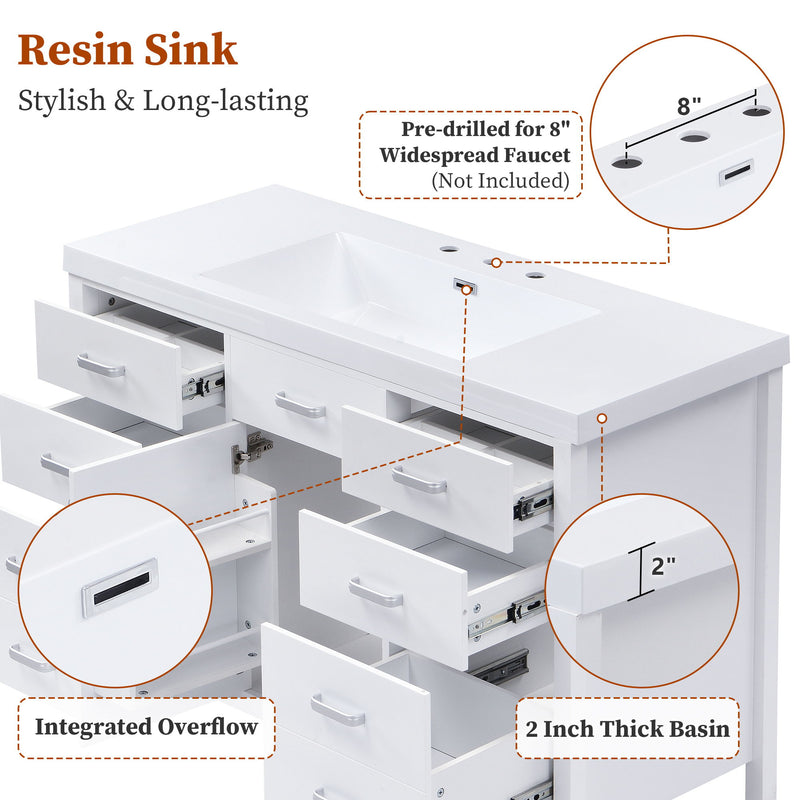 47.25" Modern Bathroom Vanity With Sink, Soft Close Single Door & 6 Drawers - White