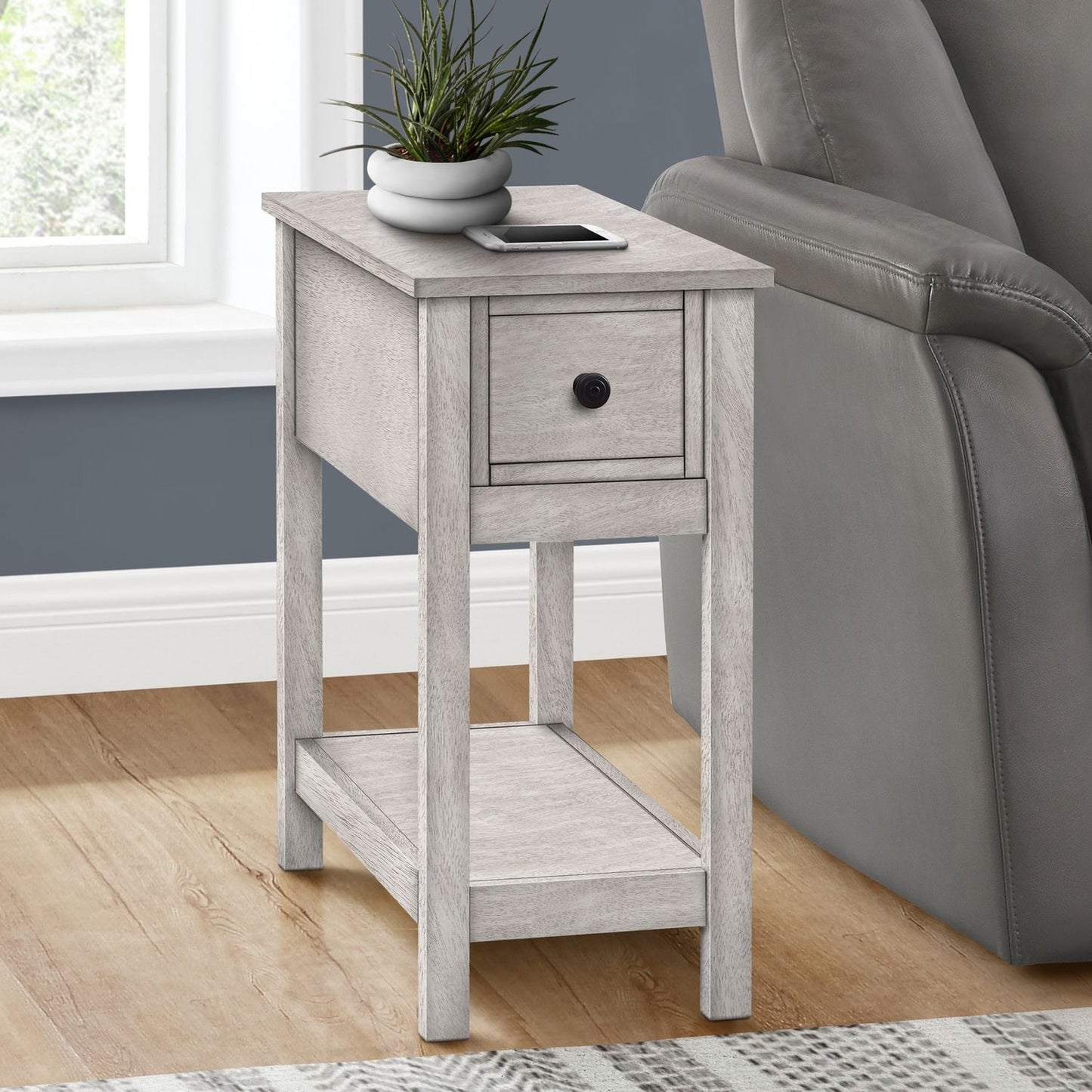 Accent End Table, 2 Tier, Narrow, Lamp, Storage Drawer, Charming Design