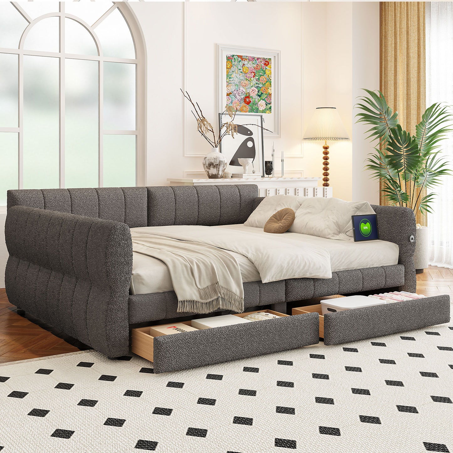 Upholstered Platform Bed With USB Charging And 2 Storage Drawers
