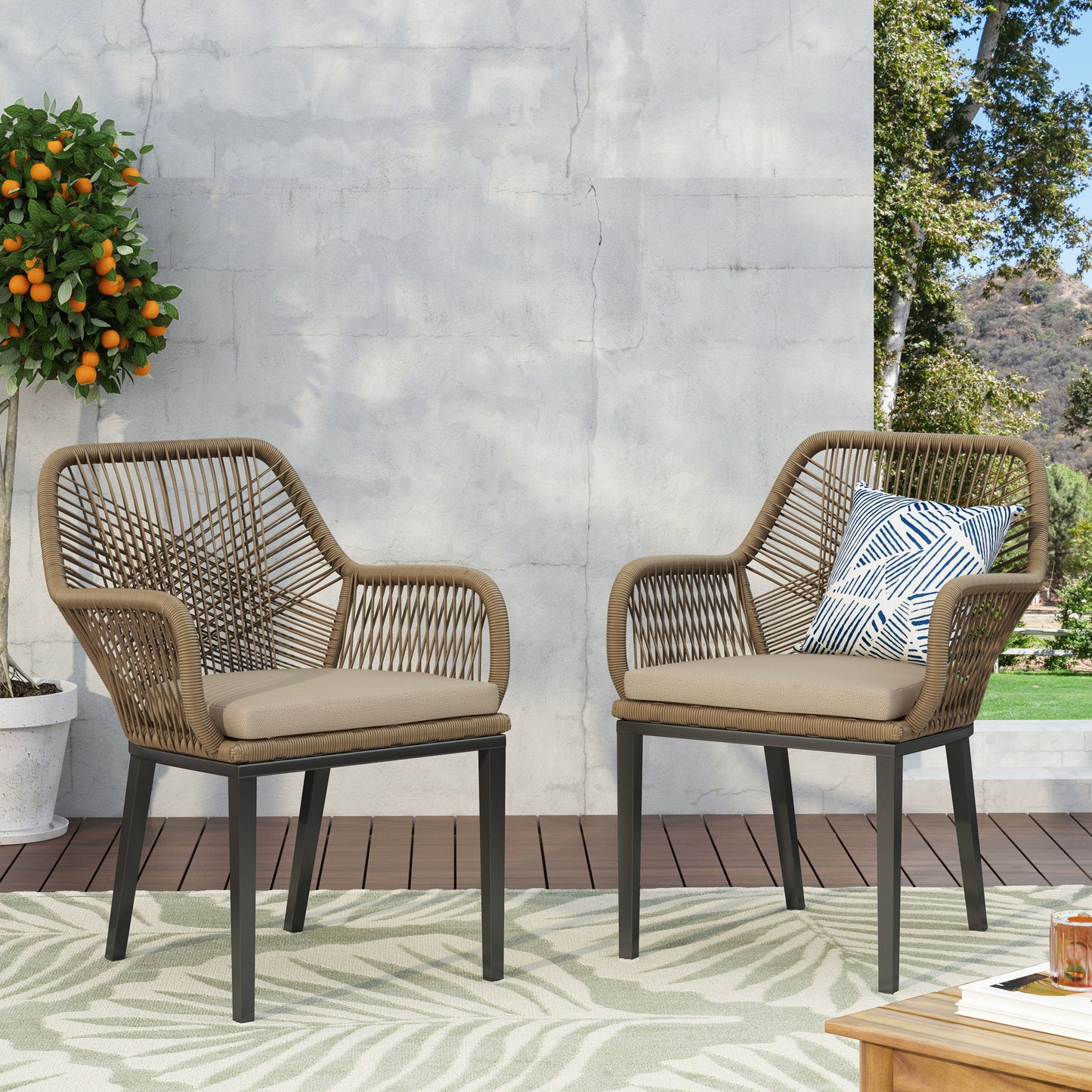 Modern Wicker Dining Club Chair With Water Resistant Cushions - Brown / Beige