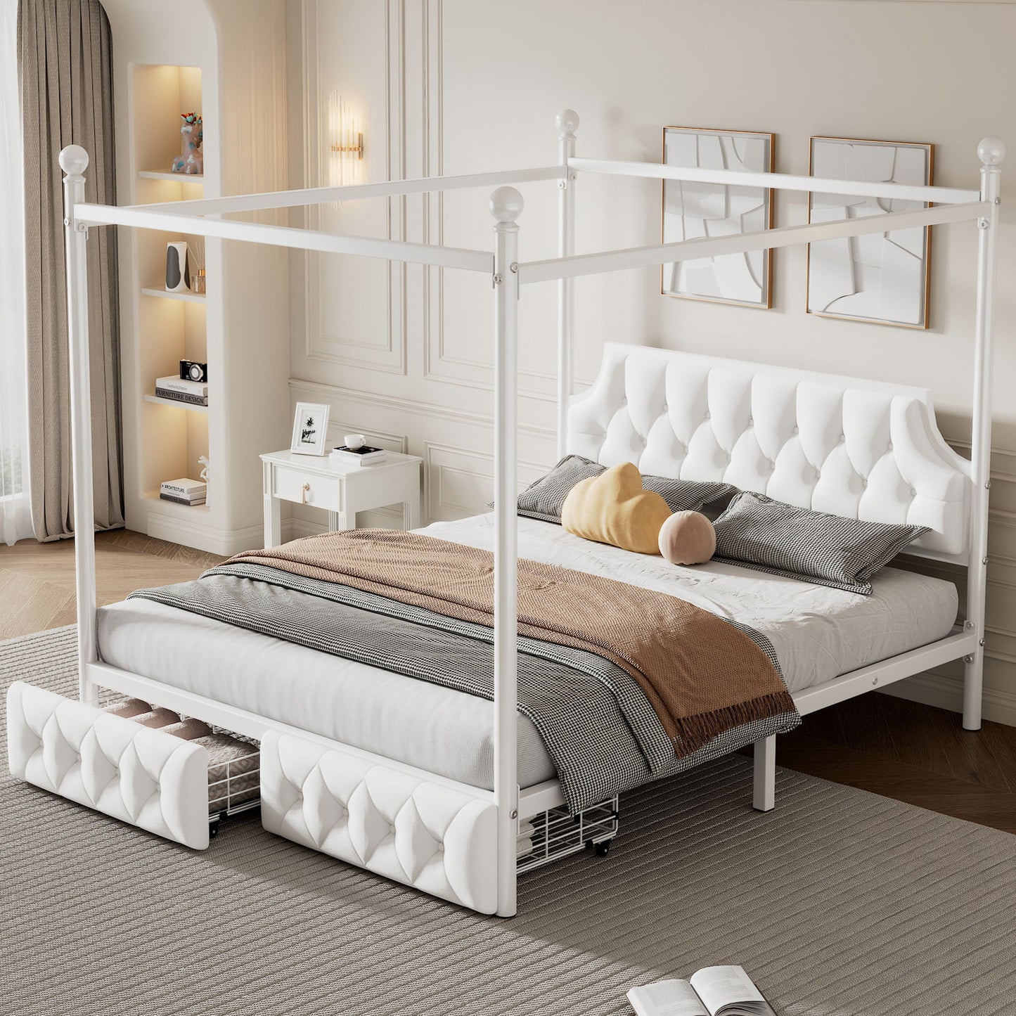 Queen Size Canopy Platform Bed With Upholstered Headboard And 2 Storage Drawers - White