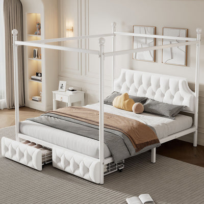 Queen Size Canopy Platform Bed With Upholstered Headboard And 2 Storage Drawers - White