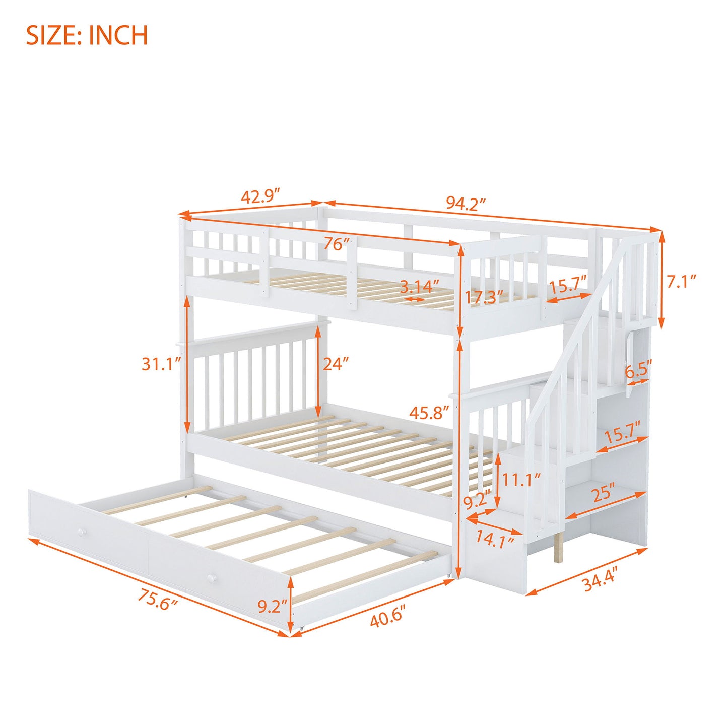 Stairway Bunk Bed & Storage And Guard Rail For Bedroom