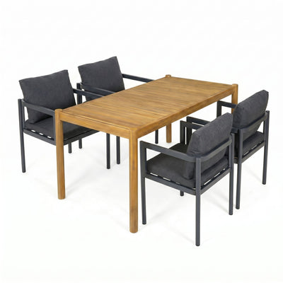 5 Piece Outdoor Patio Dining Set With Table, Chairs With Cushions - Gray / Light Teak
