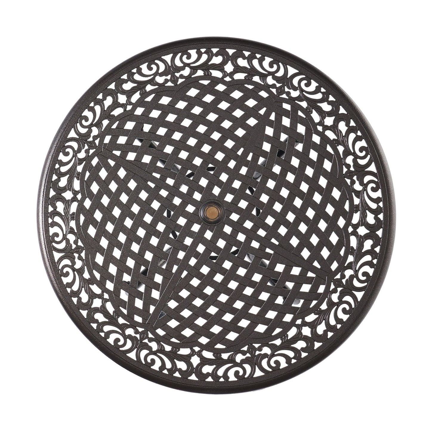 Tranquilius - Outdoor Round Dining Table With Lattice Tabletop, Umbrella Hole And Curved Legs
