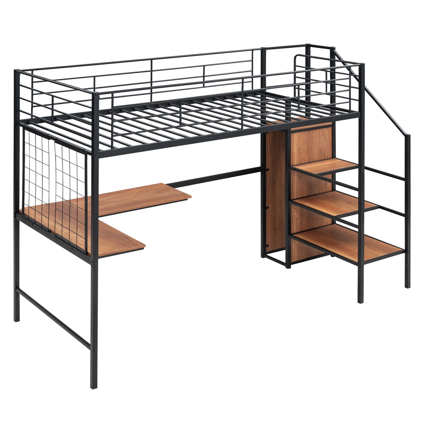 Loft Bed With Desk And Grid, Stylish Frame With Lateral Storage Ladder And Wardrobe