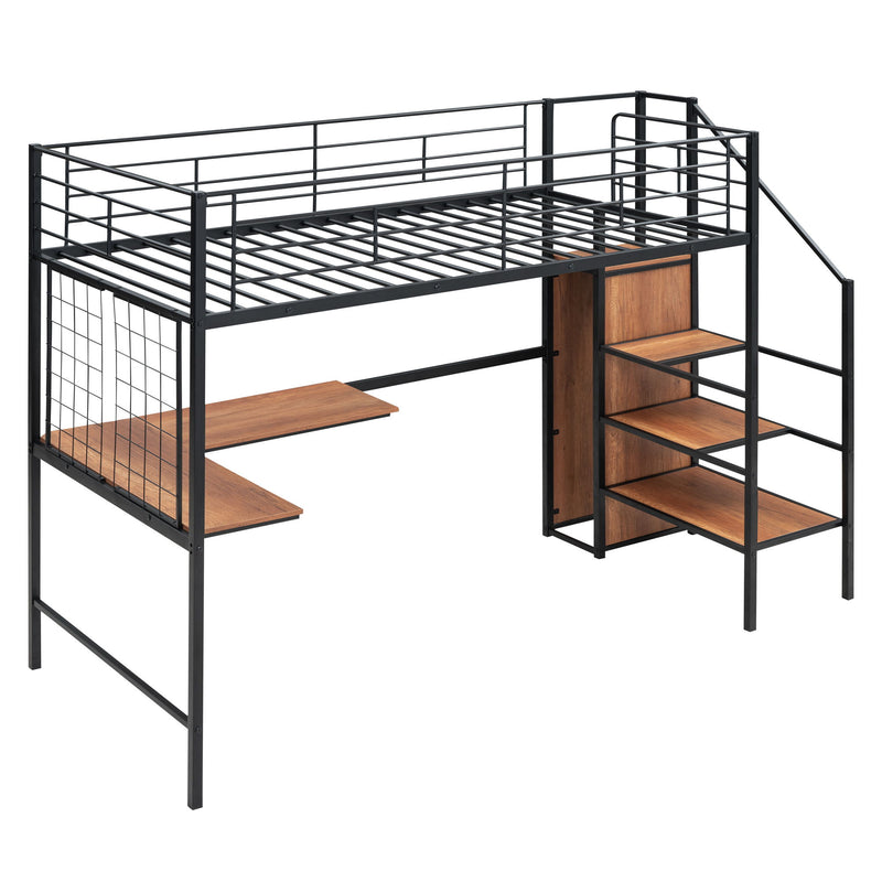 Twin Size Loft Bed With Desk And Grid, Storage Ladder And Wardrobe - Black