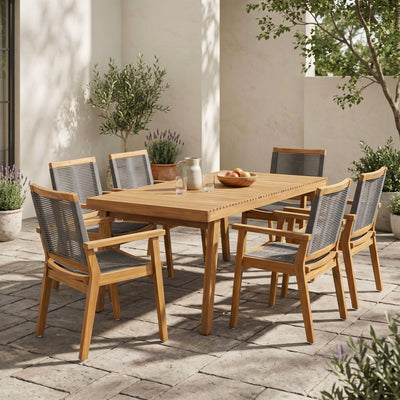 7 Piece Outdoor Patio Dining Set With Table And 6 Arm Chairs - Brown / Dark Gray / Teak
