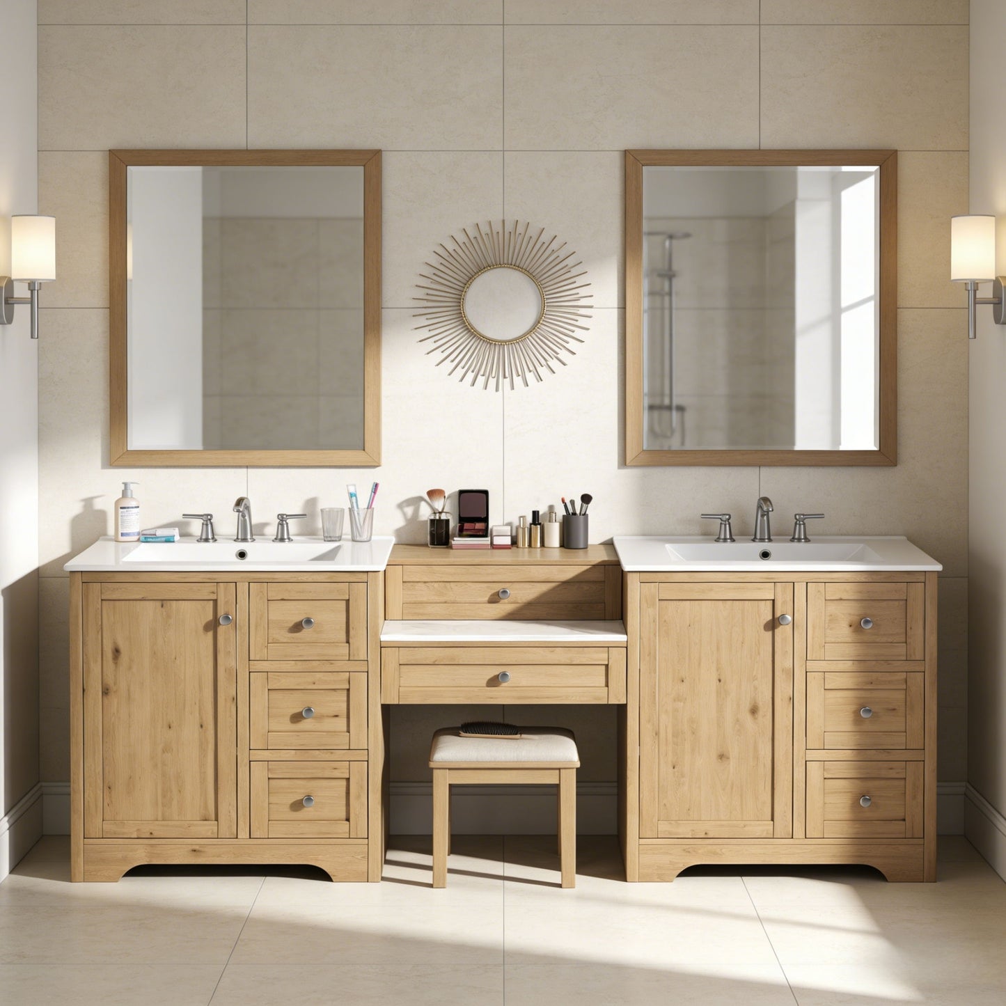 Double Sink Bathroom Vanity With Countertop, 2 Ceramic Sinks, 6 Drawers, Soft Close Design
