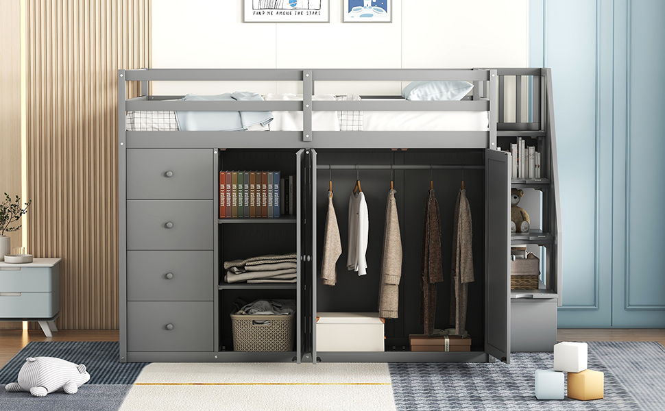 Loft Bed With Built In Wardrobes, Cabinets And Drawers