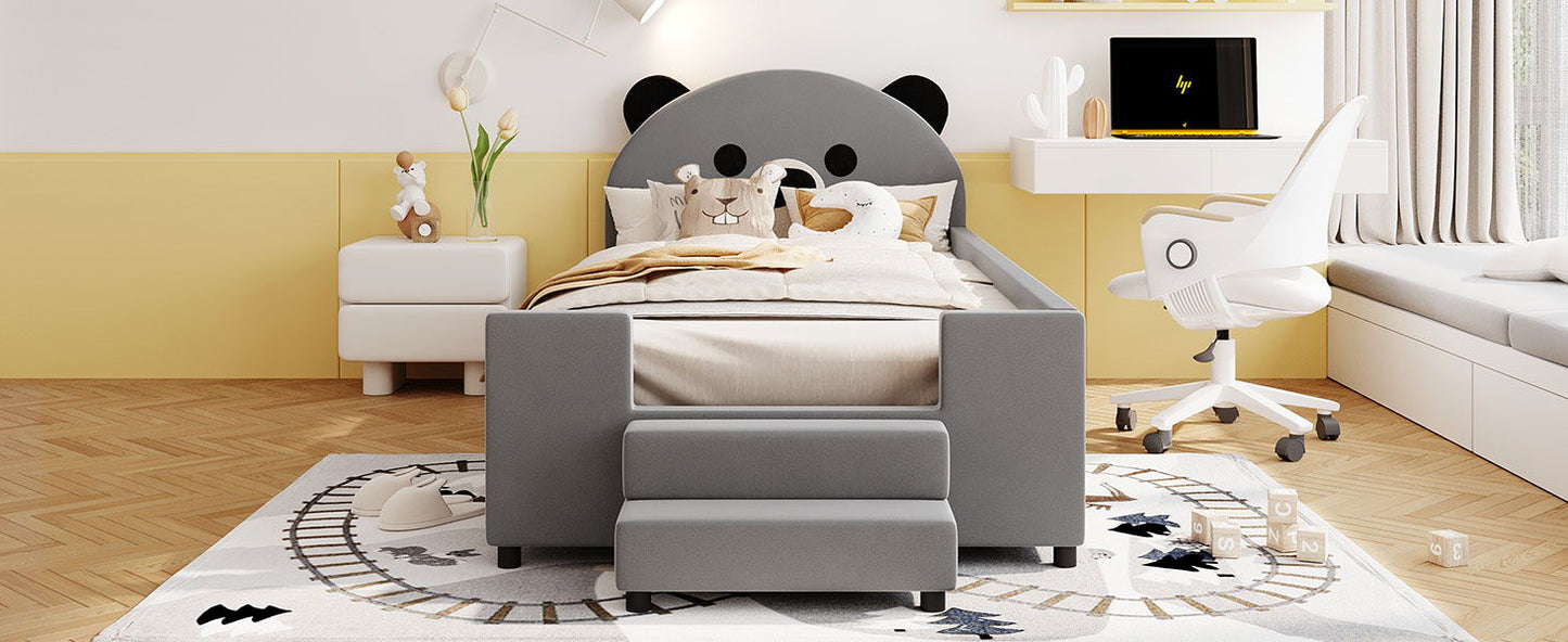 Upholstered Daybed With Bear Shaped Headboard, Hydraulic System And Breathable Fence