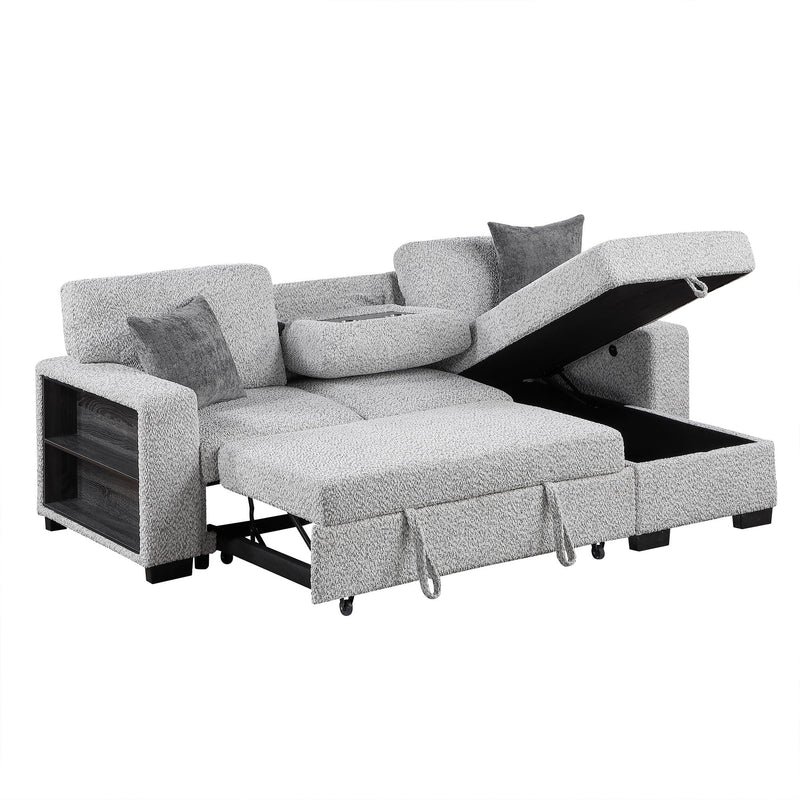 Buzz - Reversible Sleeper Sectional Sofa With Storage Chaise, Console Arm, USB Charging & Cup Holders - Gray