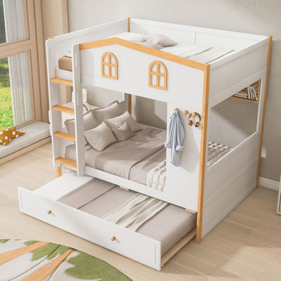 Full Over Full Bunk Bed With Storage Shelves And Trundle - White / Natural