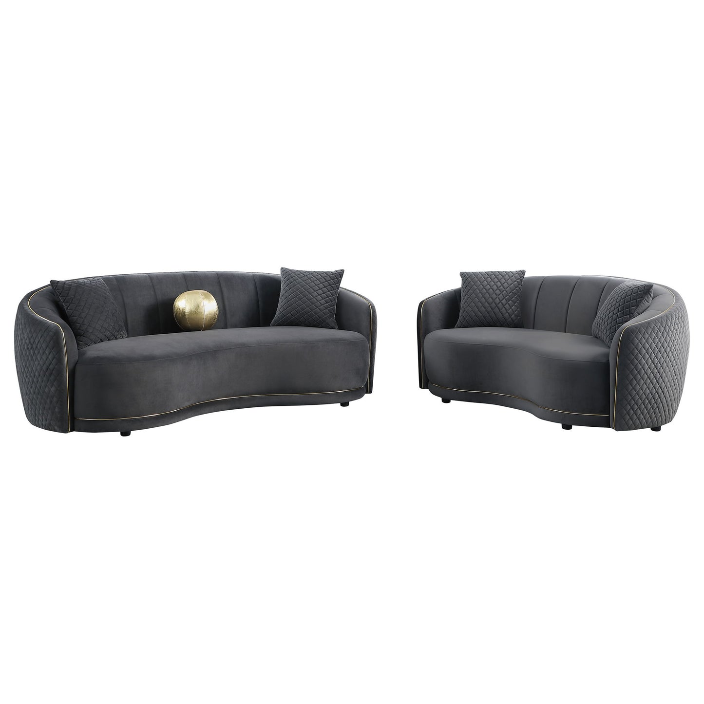 Luxe Upholstered Curved Sofa With Trim And Diamond Quilting - Dark Gray