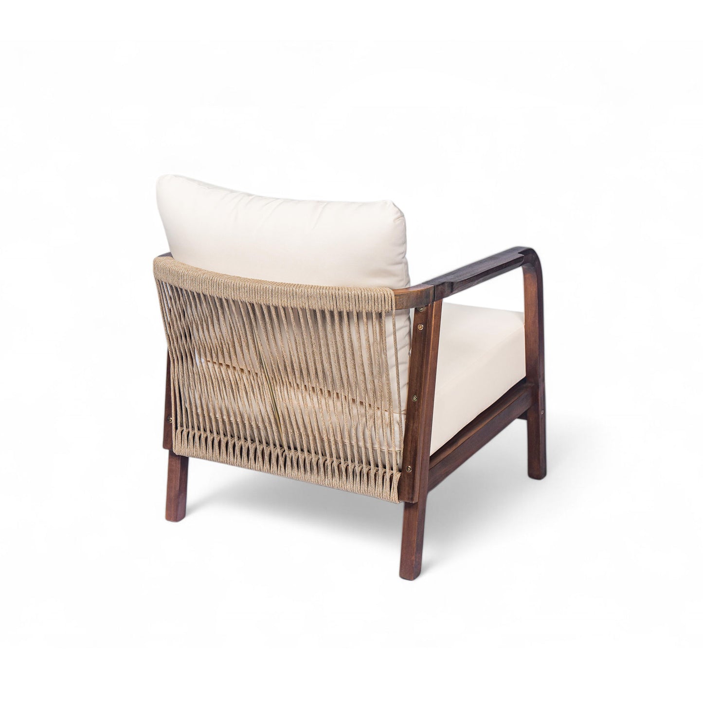 Outdoor Lounge Chair With Woven Backrest, Solid Wood Frame, Comfortable Cushions