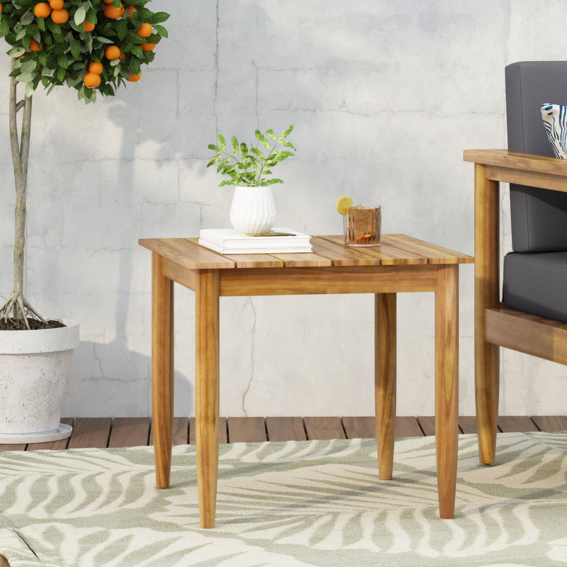 Outdoor Square Side Table With Slatted Top And Wood Frame - Teak