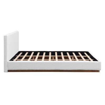 Elegant Boucle Upholstered Bed With Wood Grain Textured Solid Wood Base Frame
