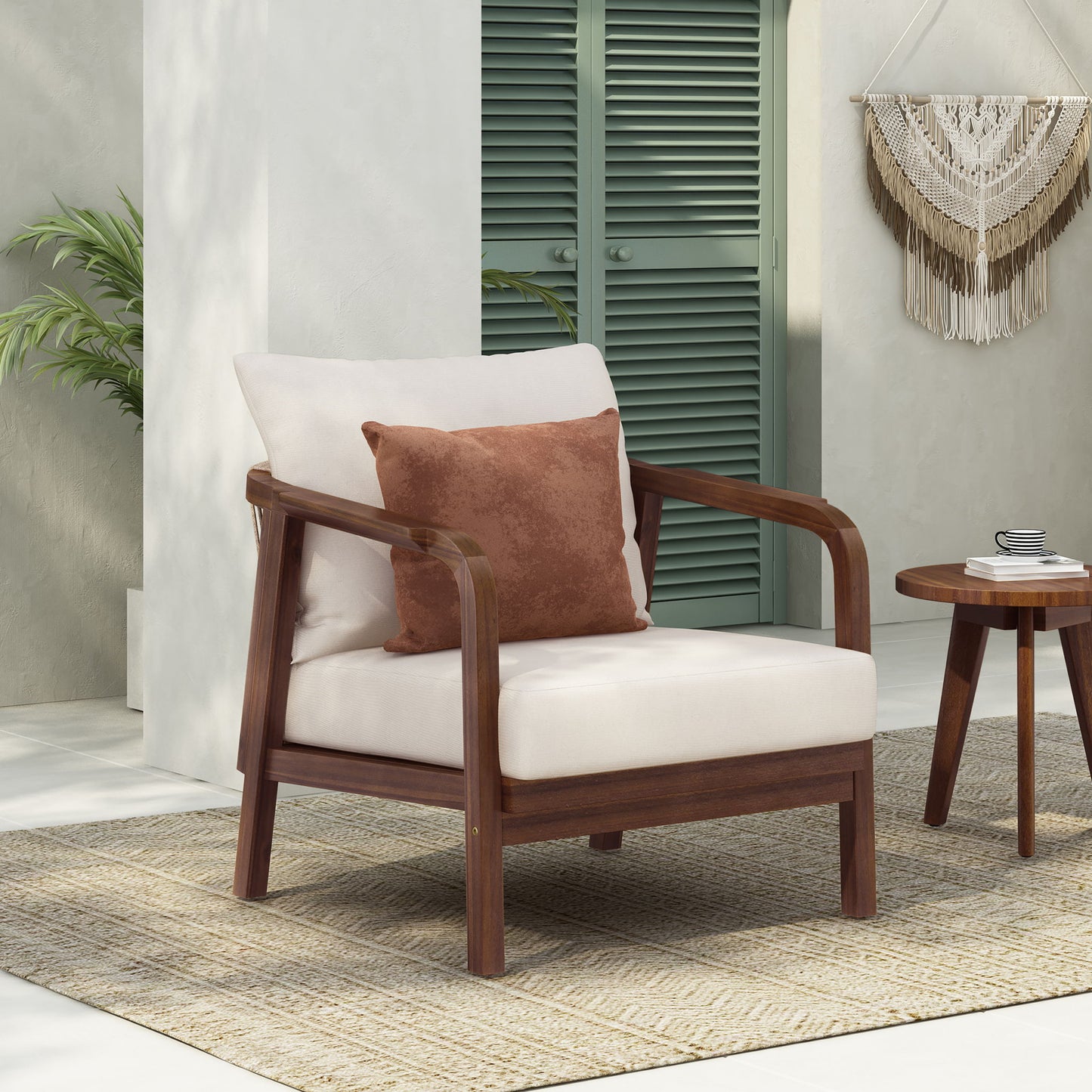 Outdoor Lounge Chair With Woven Backrest, Solid Wood Frame, Comfortable Cushions
