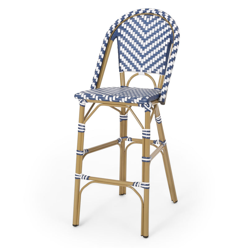 Outdoor Rattan French Barstool Set,, Bamboo, Seat Height - Navy Blue / White