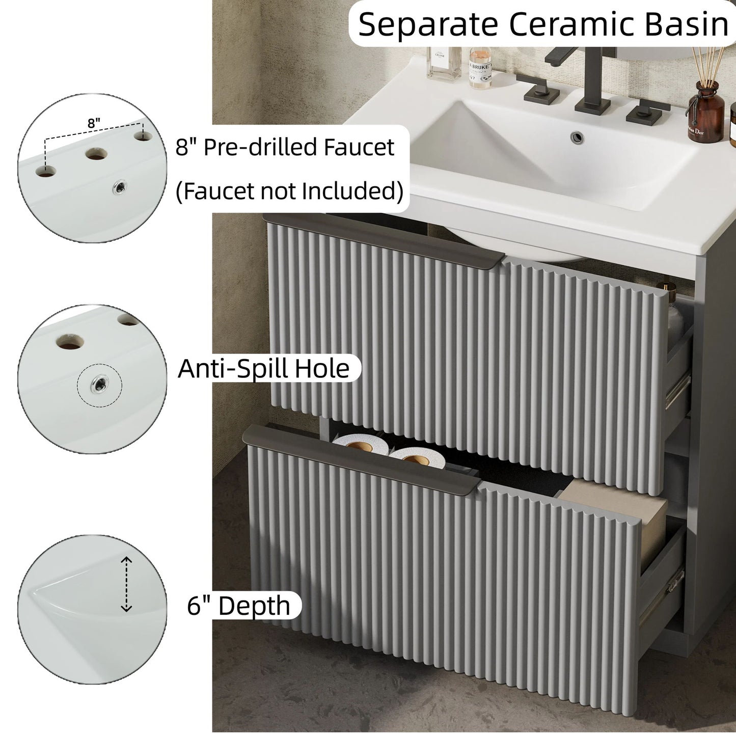 Fluted Bathroom Vanity With Ceramic Sink, Freestanding Cabinet
