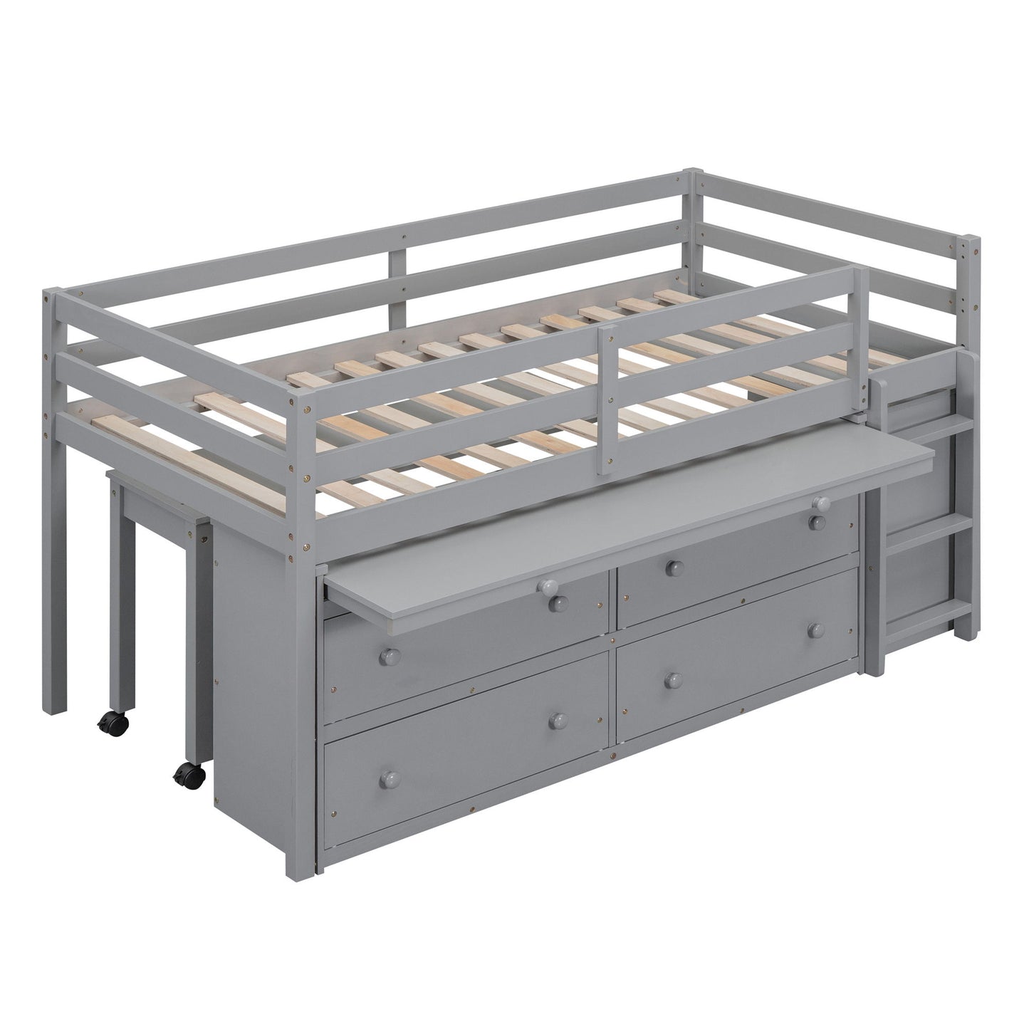 Loft Bed With Retractable Writing Desk And 4 Drawers, With Lateral Portable Desk And Shelves