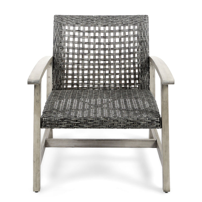 Outdoor Club Chair With Rattan Cover And Acacia Wood Frame - Gray / Black