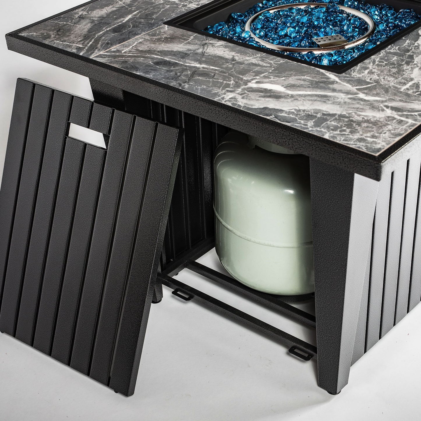 Morden Steel Fire Pit Table With Marble Tile Tabletop, Glass Wind Guard And Lid