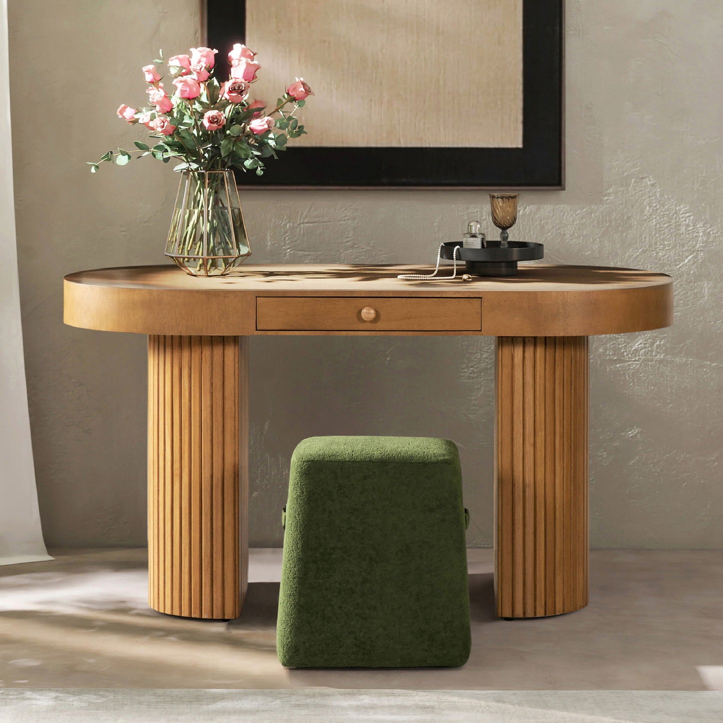 Jesse - Single Drawer Fluted Oval Console Desk - Honey Brown