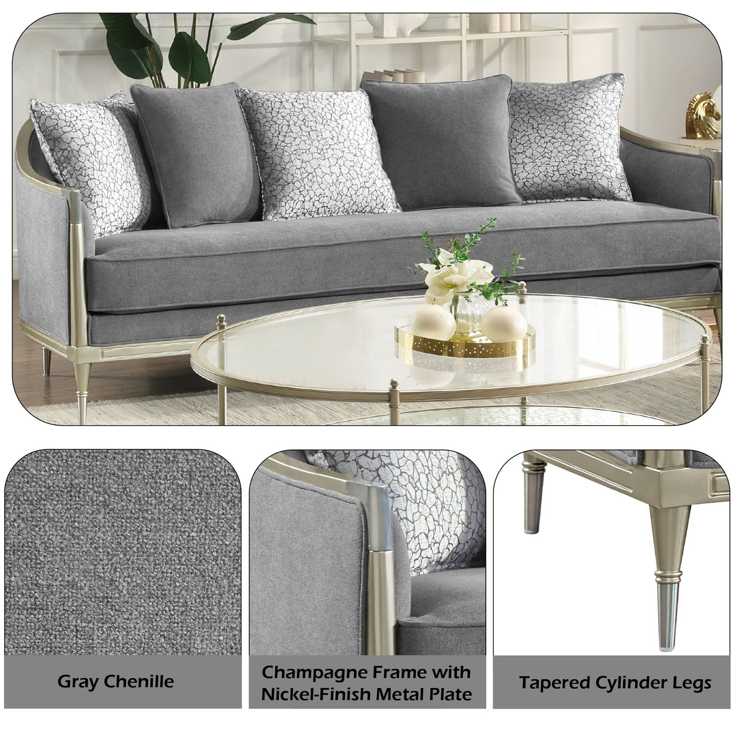 Fernando - Sofa With 5 Pillows - Champagne / Gray