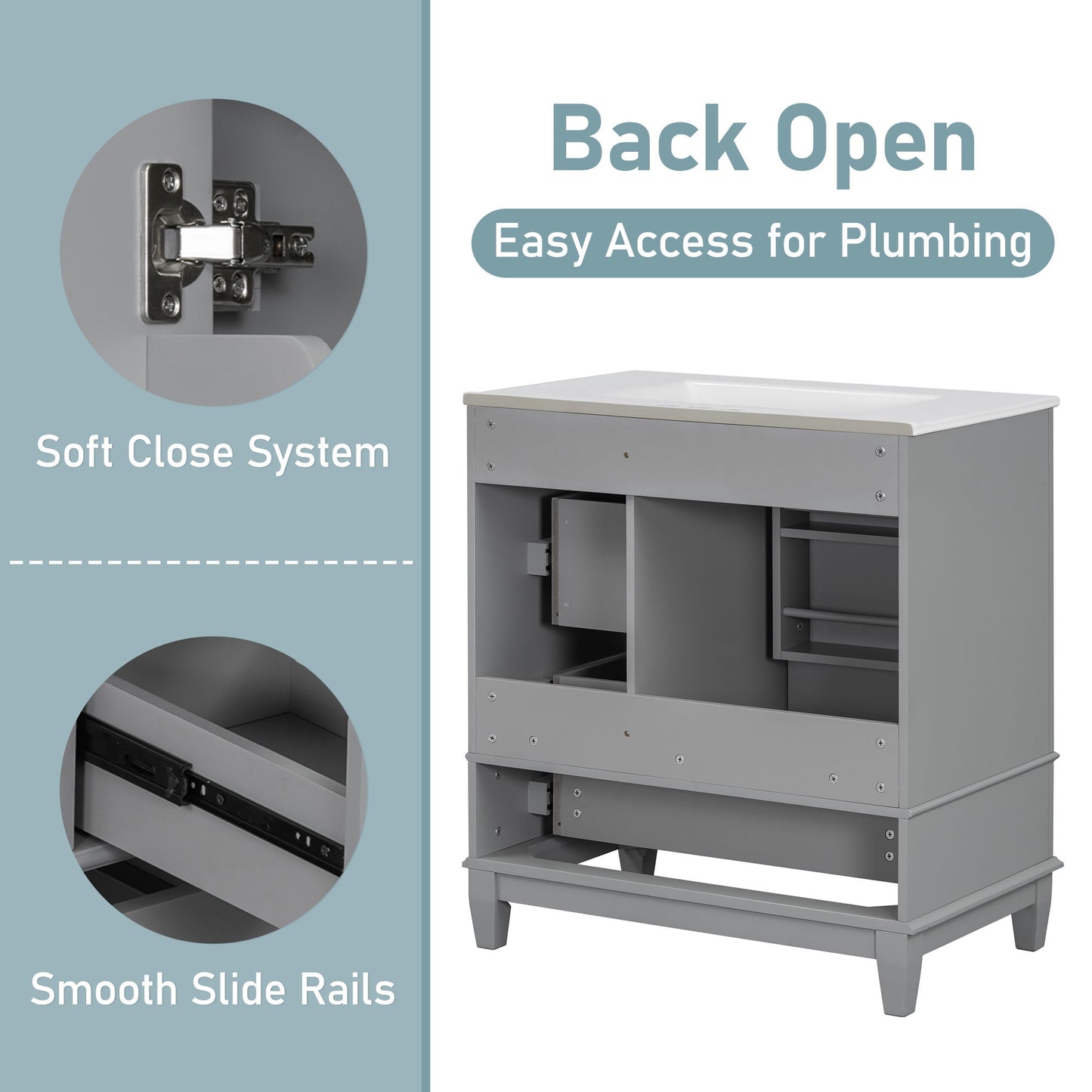 Freestanding Bathroom Vanity With Sink, Soft Close Door, 3 Drawers
