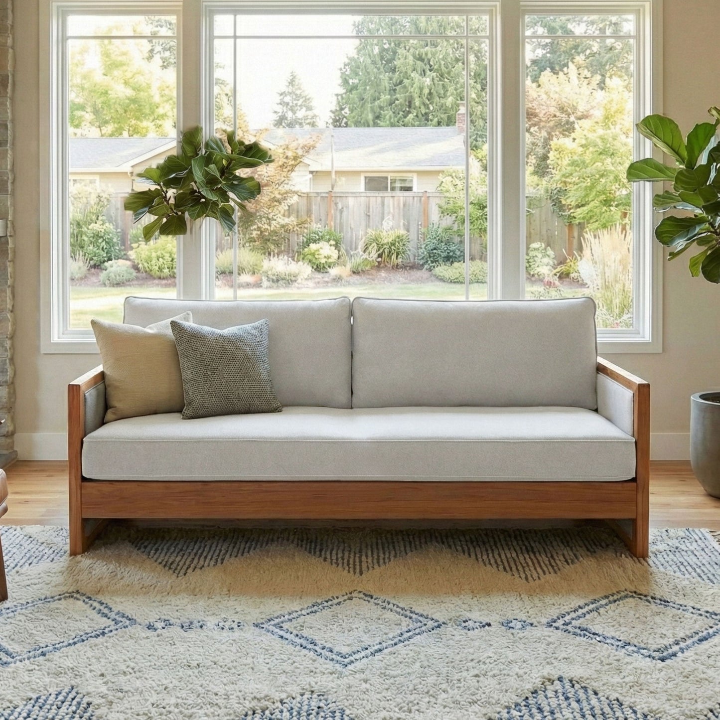 Modern 3 Seater Sofa With Wood Armrests
