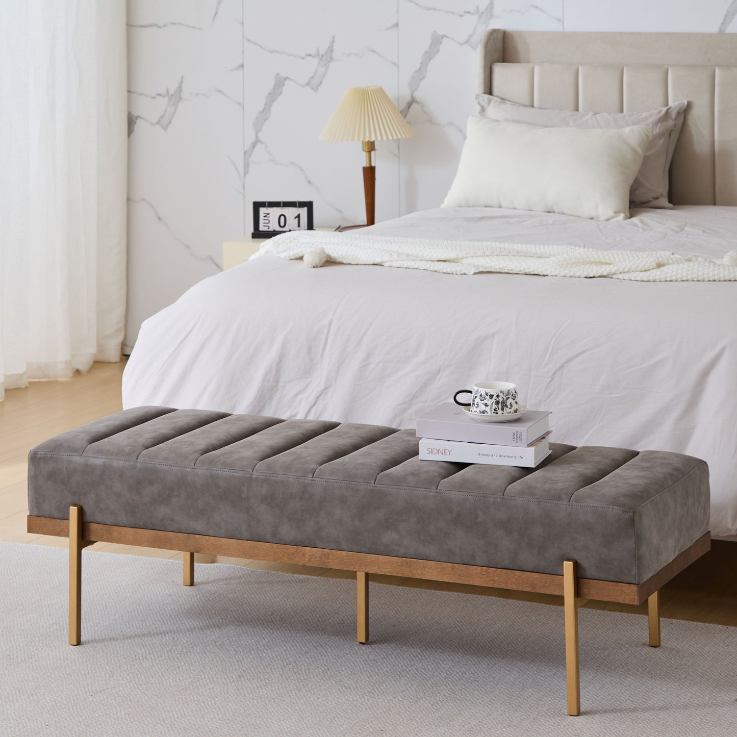 Thorian - Luxury Upholstered Ottoman Bench With Channel Tufting And Metal Base - Gold / Gray