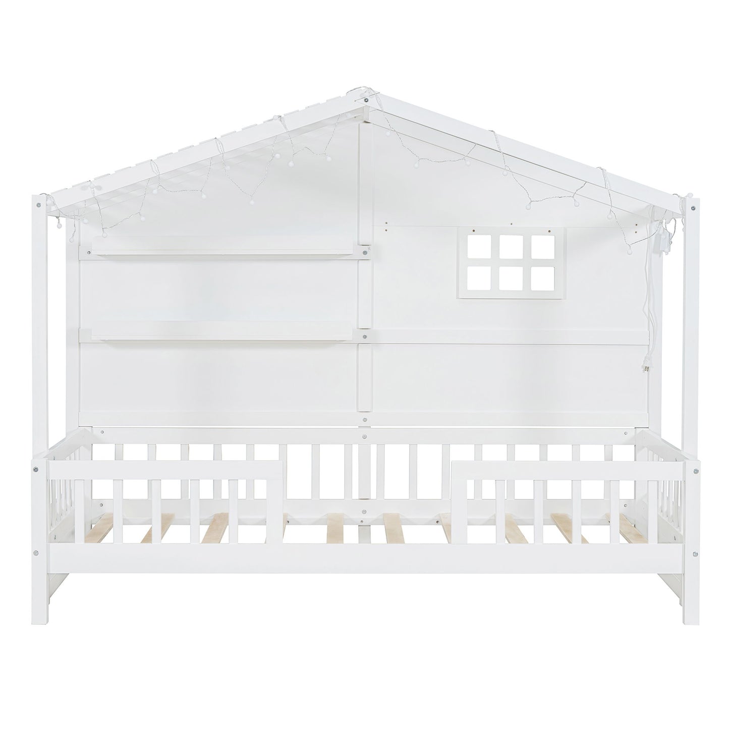 House Bed With Shelves, Window And Sparkling Light Strip On The Roof