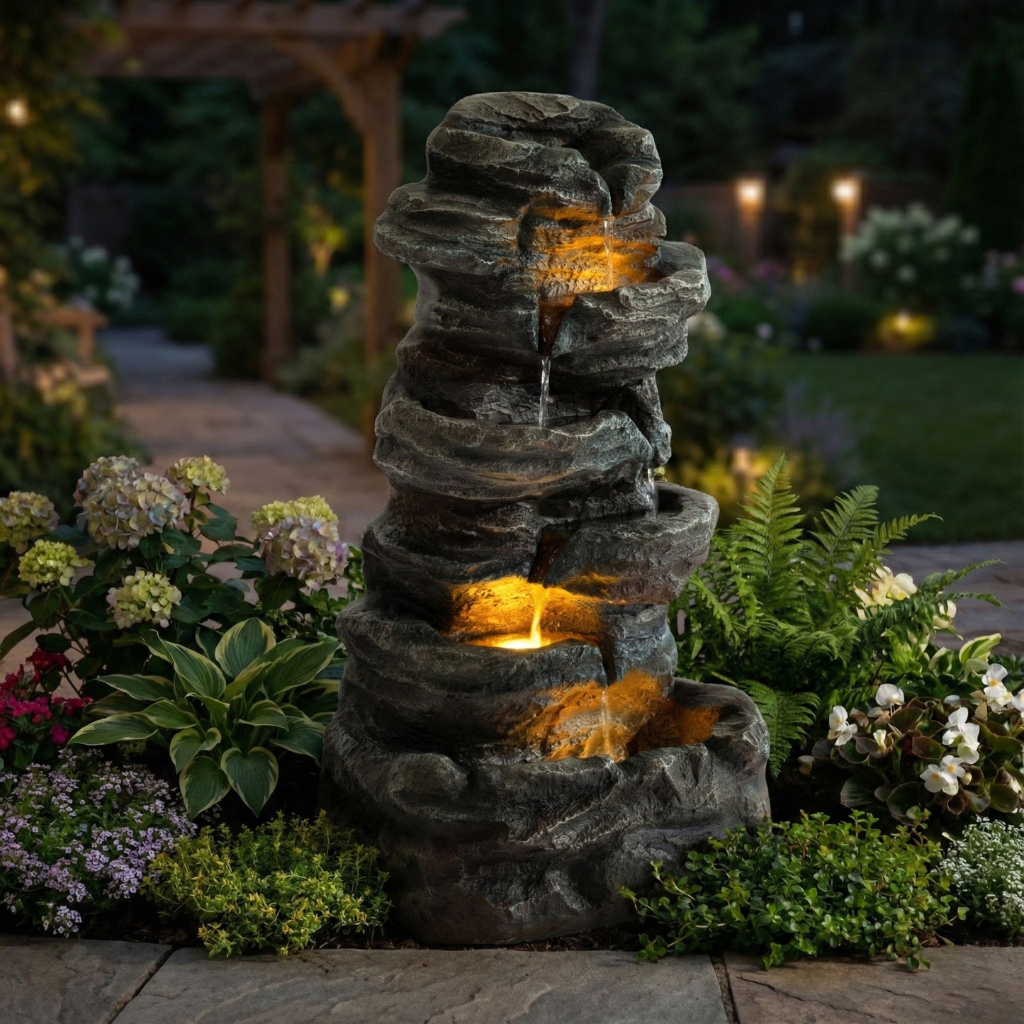 6 Tier Cascading Stone Water Fountain With LED Lights - Gray