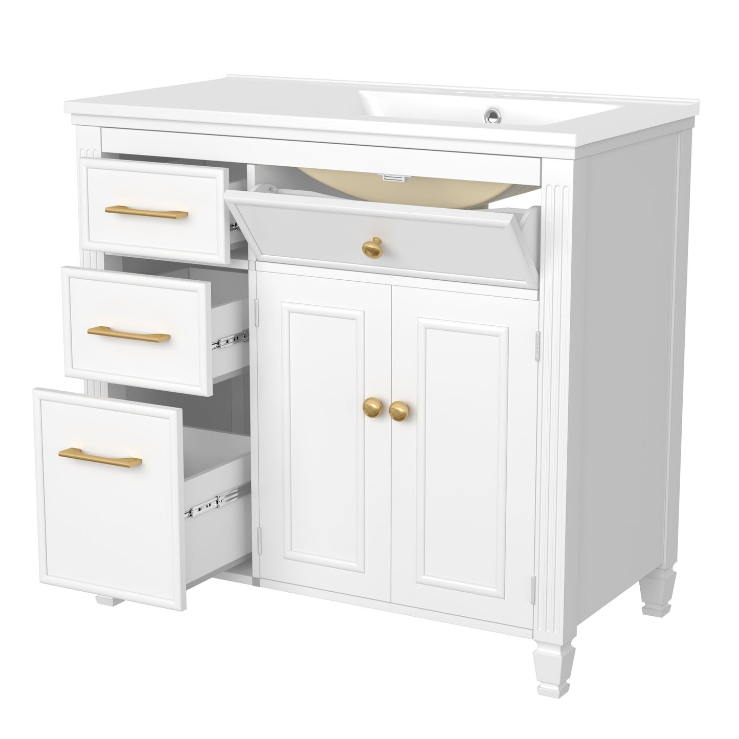 Bathroom Vanity With Sink, 1 Tip Out Drawer, 3 Side Drawers, Adjustable Shelf